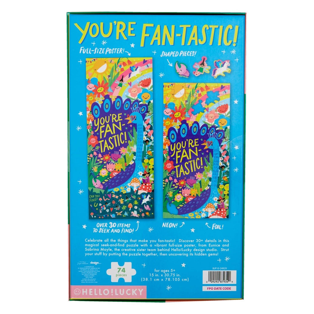 Back of box for CR Gibson x Hello!Lucky 74 piece You're Fantastic! Seek & Find jigsaw puzzle for kids with full puzzle image and poster image with over 30 hidden items to find in the garden-themed puzzle.