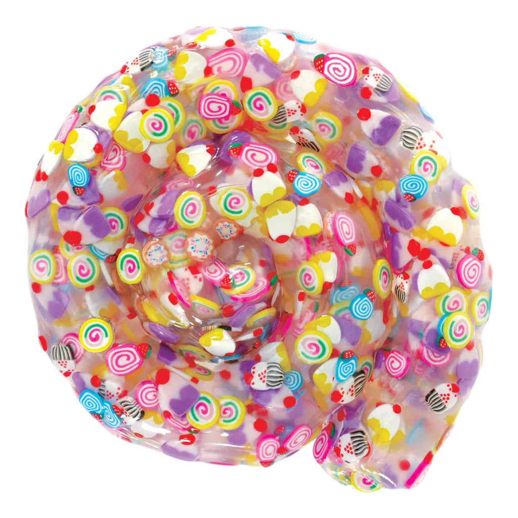 clear thinking putty with colorful clay pieces that look like sweet desserts swirled in