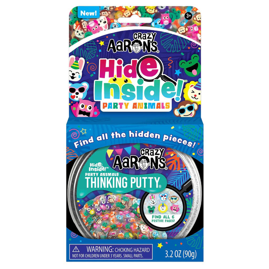 Front of packaging for Crazy Aaron's Hide Inside: Party Animals Thinking Putty in 4 inch tin.