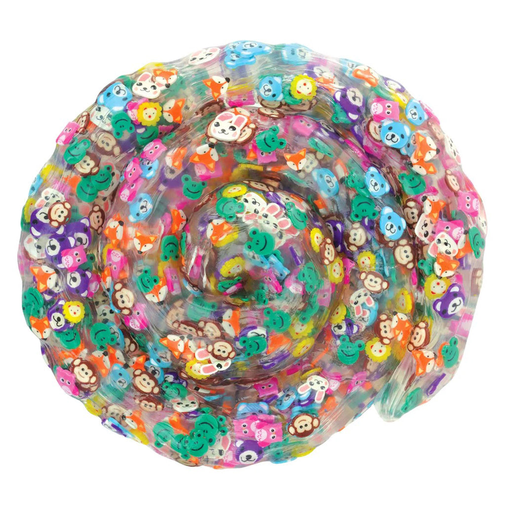 Crazy Aaron's Hide Inside: Party Animals Thinking Putty in a swirled blob, clear slime with colorful animal face pieces in it.