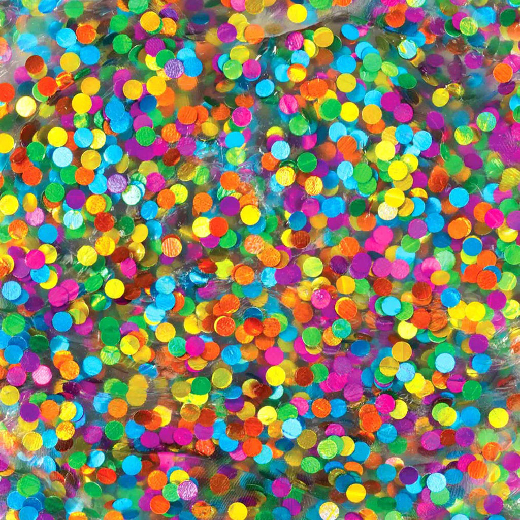 Detail of Crazy Aaron's Social Butterfly Thinking Putty, clear putty with round rainbow glitter confetti pieces.