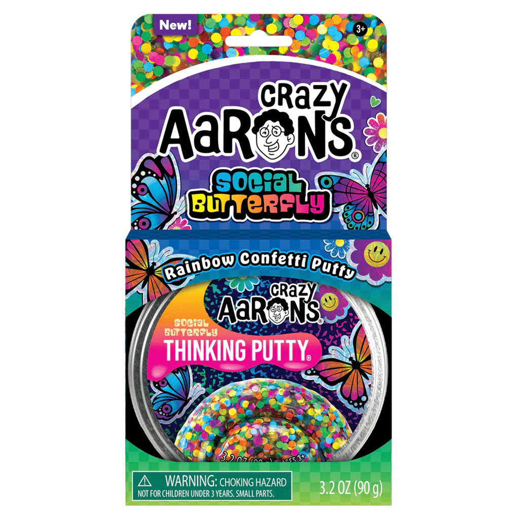 Front of packaging for Crazy Aaron's Social Butterfly Thinking Putty in 4 inch tin.