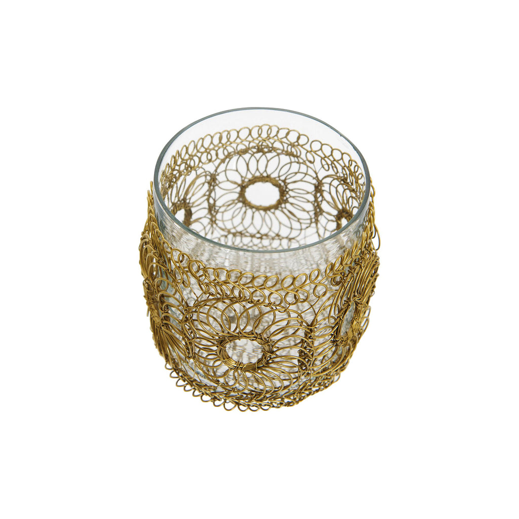 Votive holder with circles of brass finish woven wire and a clear glass insert, front and top view.