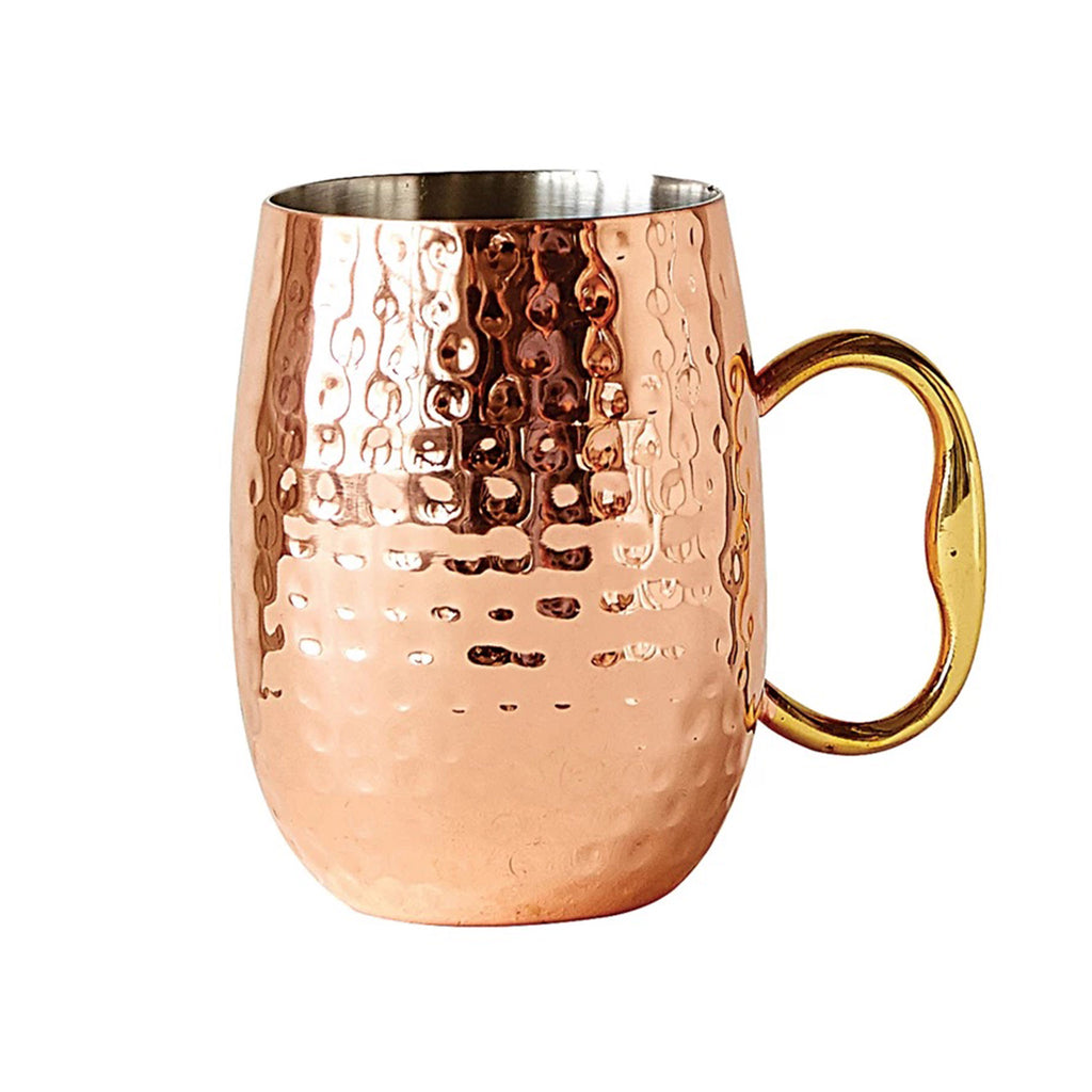 hammered stainless steel moscow mule mug with copper finish on the outside, a gold handle and silver interior