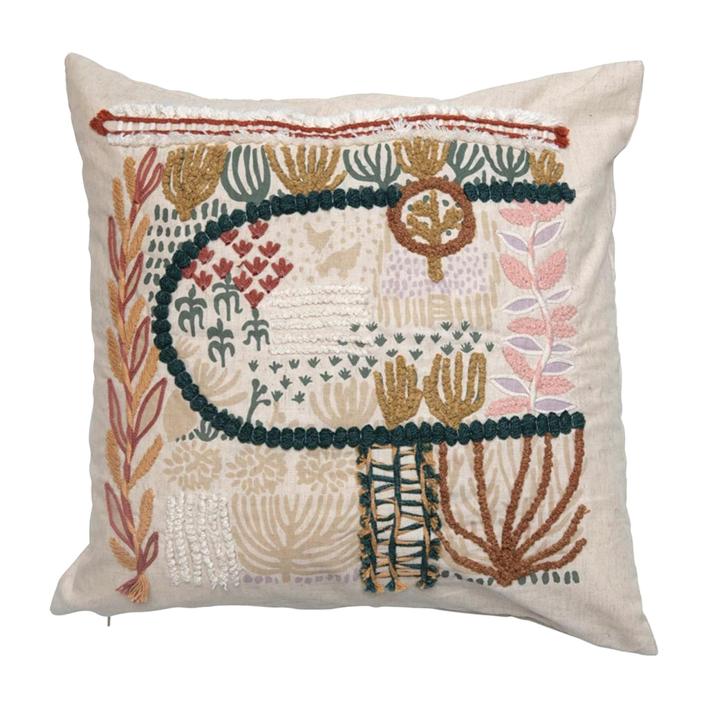 Creative Co-op natural cotton and linen blend square throw pillow with botanical embroidery in muted green, yellow, rust and tan on the front. 