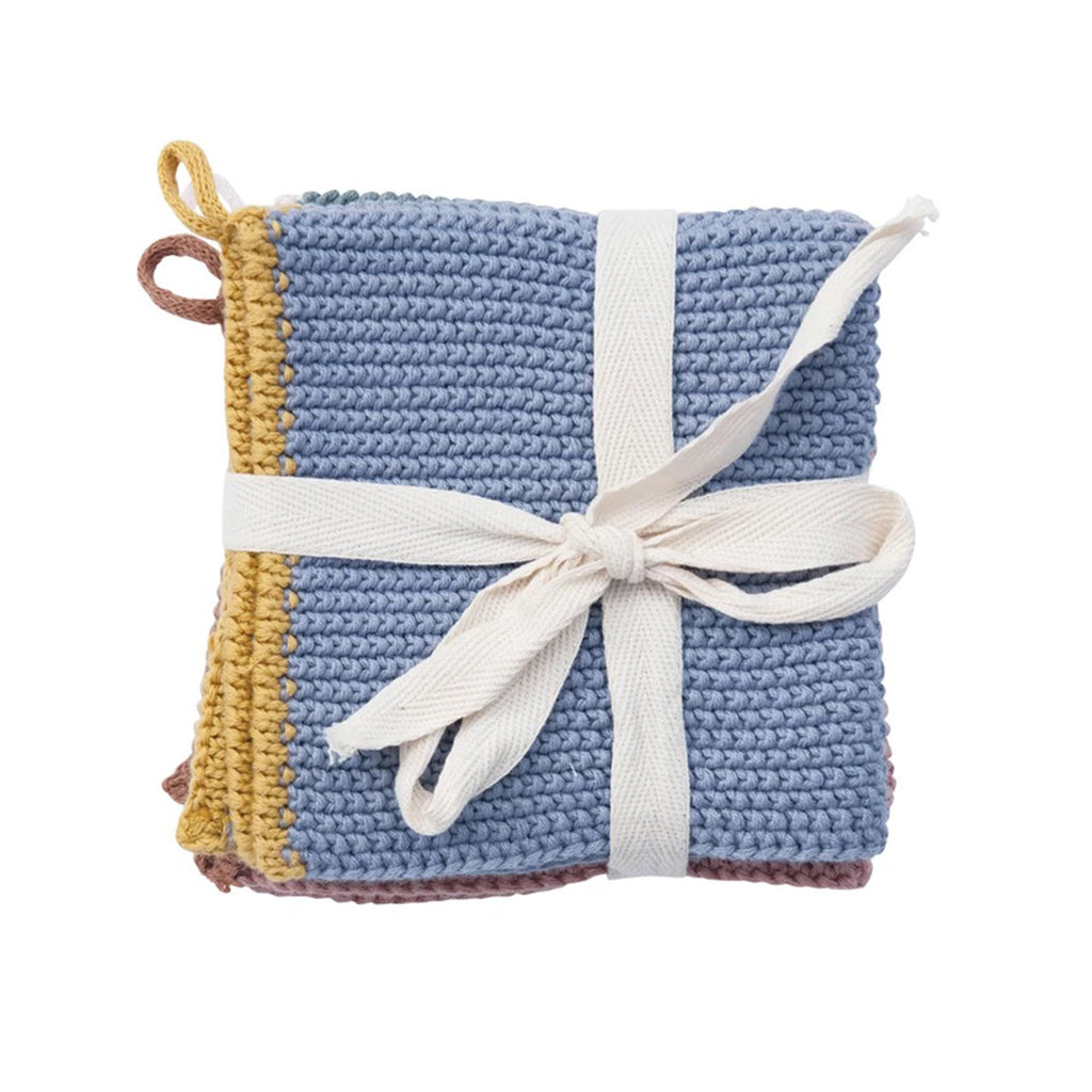 Square cotton knit dish cloths with loops set of 3 in different colors tied together with a white cloth ribbon.