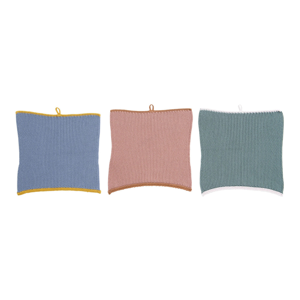 Square cotton knit dish cloths with loops set of 3 in blue with yellow trim, pink with brown trim and green with white trim.