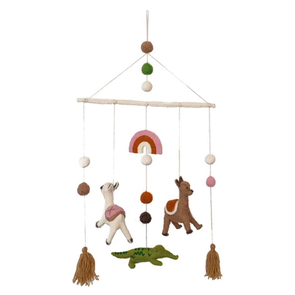 Hanging mobile with colorful felt balls, llamas, an alligator, a rainbow and tassels.