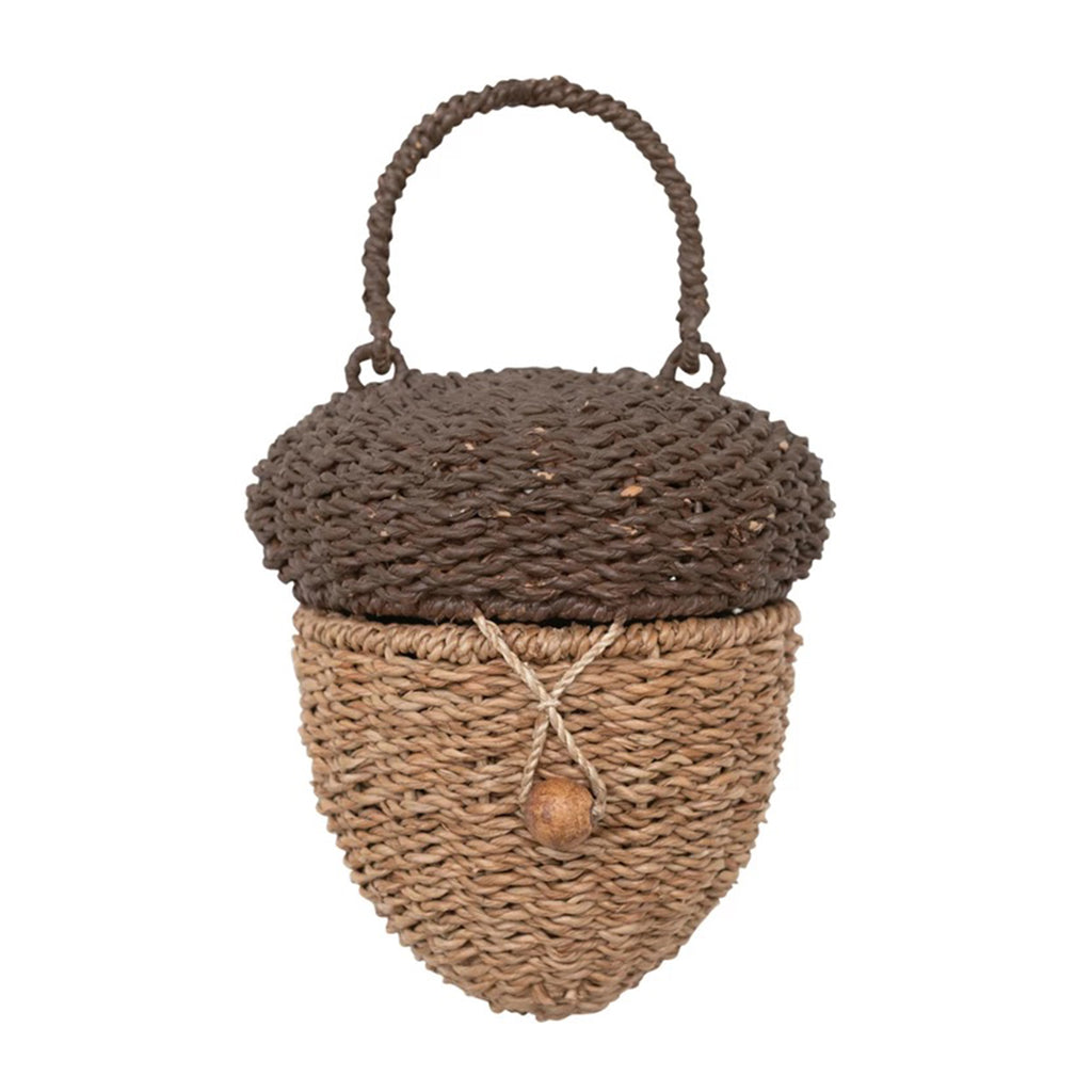 Bankuan woven basket shaped like an acorn with tan bottom and dark brown lid with handle, lid is closed.