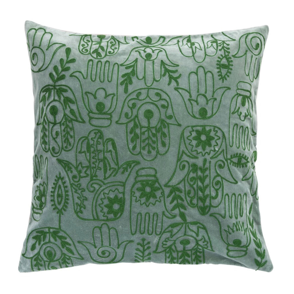 Creative Co-op square green velvet pillow with Hamsa hands embroidered in dark green, front view.