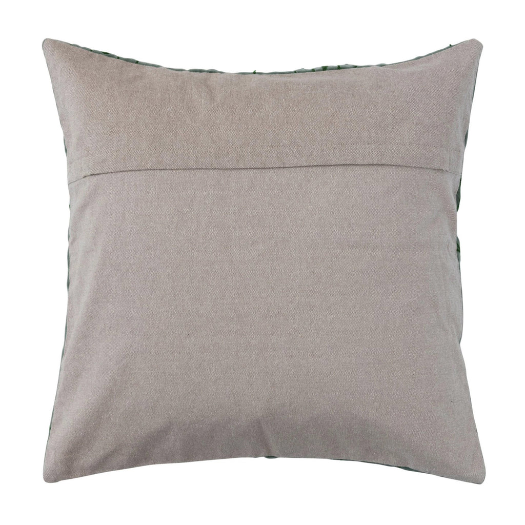 Creative Co-op square green velvet pillow with Hamsa hands embroidered in dark green, plain tan chambray back view.