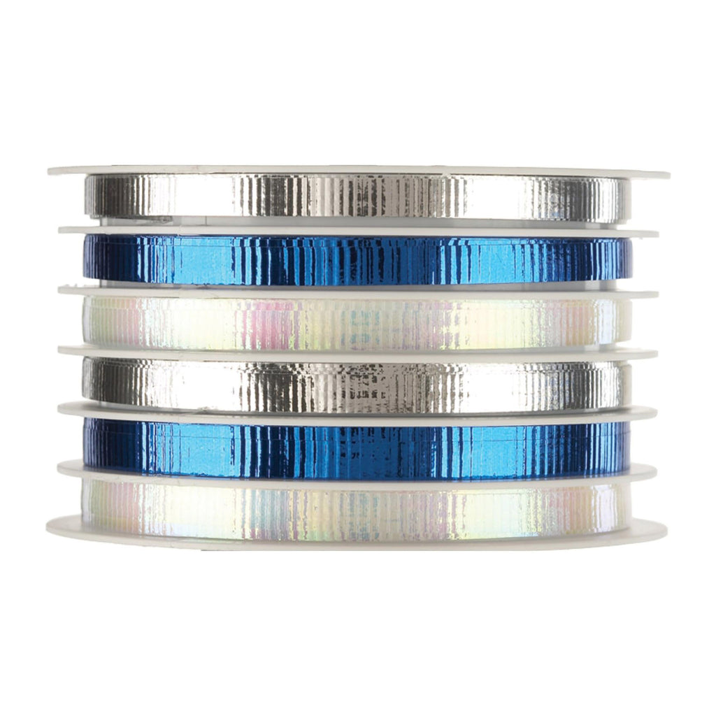 Jillson Roberts 6 channel spool of curling ribbon in metallic blue, metallic silver and iridescent white.