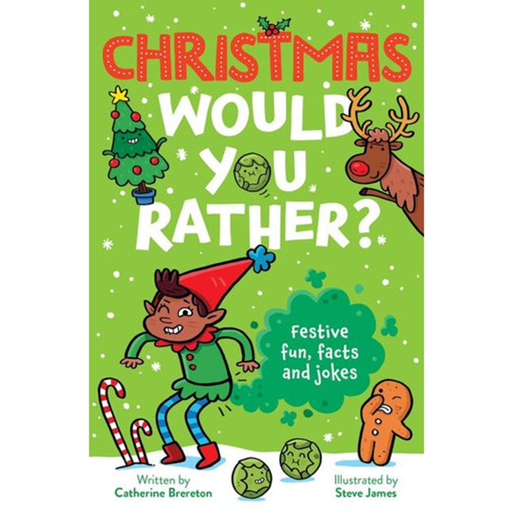 harper collins christmas would you rather paperback book front cover with holiday illustrations on a green background.