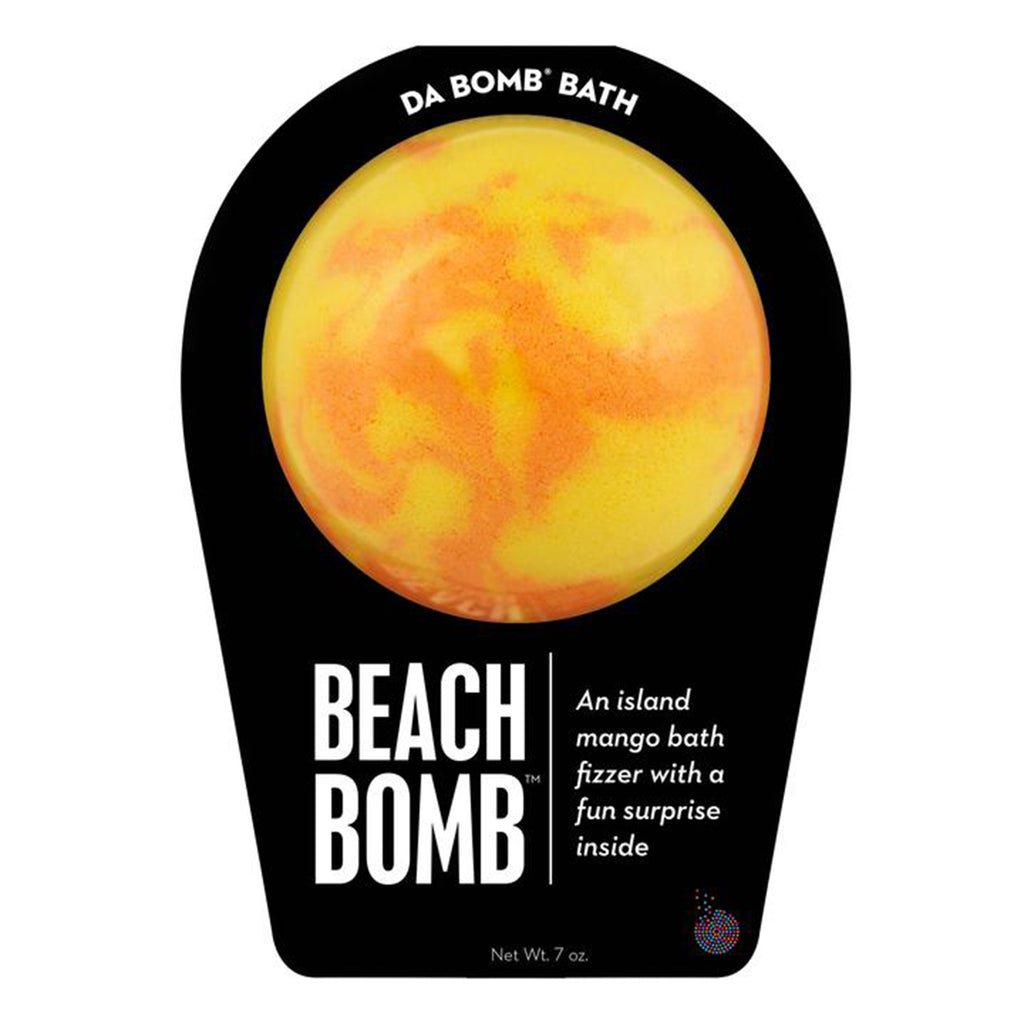 da bomb beach bomb yellow orange ball bath fizzer with island mango scent and surprise inside in black packaging with white lettering front