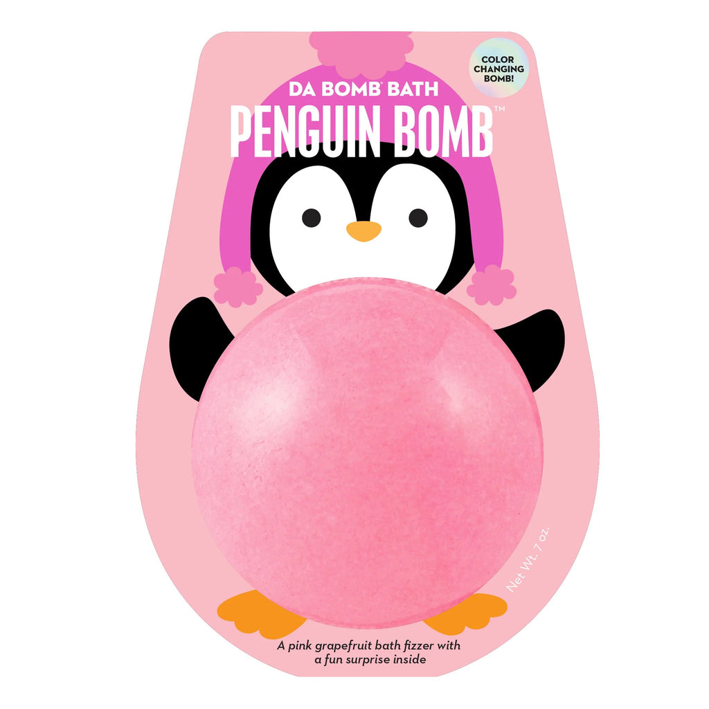 Front of packaging of da bomb pink color changing holiday bath bomb fizzer with an illustration of a penguin with a pink hat on and the fizzer is its belly.