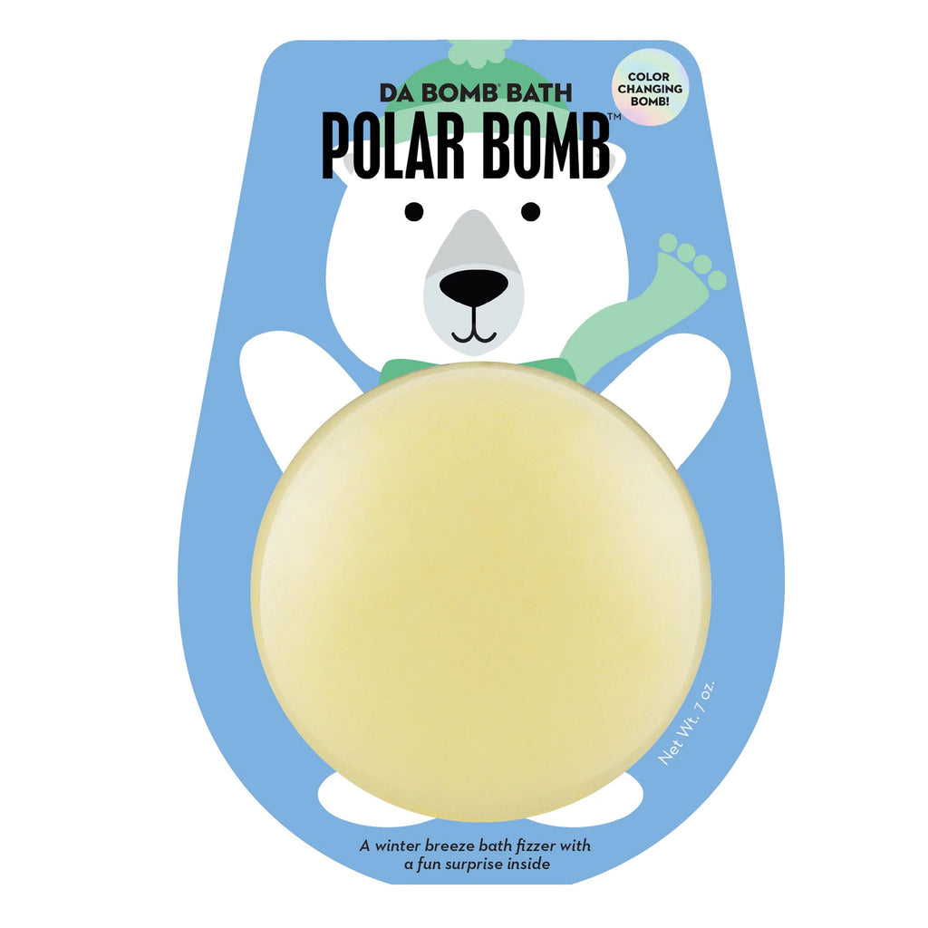 Front of packaging of da bomb yellow color changing holiday bath bomb fizzer with an illustration of a polar bear with a green hat and scarf, the fizzer is its belly.