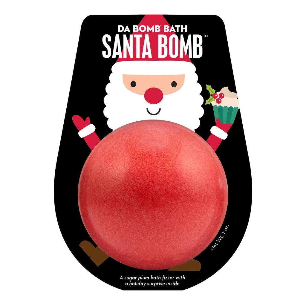 Front of packaging of Da Bomb sugar plum scented red holiday bath bomb fizzer with an illustration of Santa Claus carrying a cupcake, the fizzer is his belly.