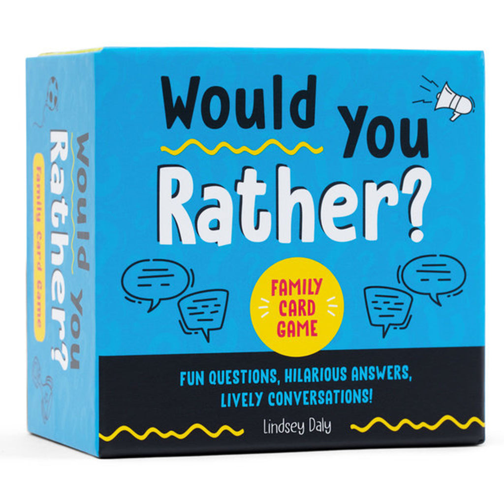 Penguin Random House Would You Rather Family Card Game in illustrated blue box packaging, front view.