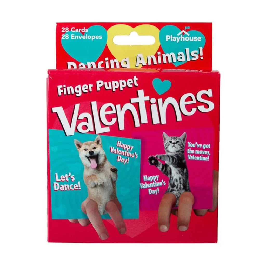 Playhouse Dancing Animals Finger Puppet Kids Valentine Card Set in red box packaging, front view.