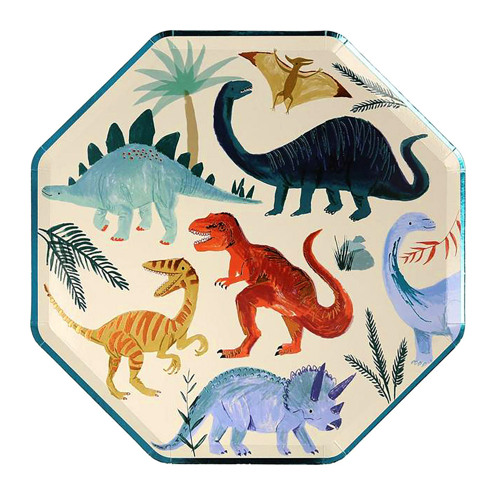 meri meri dinosaur kingdom large paper party dinner plates with green, blue, red and yellow dinosaurs and trees