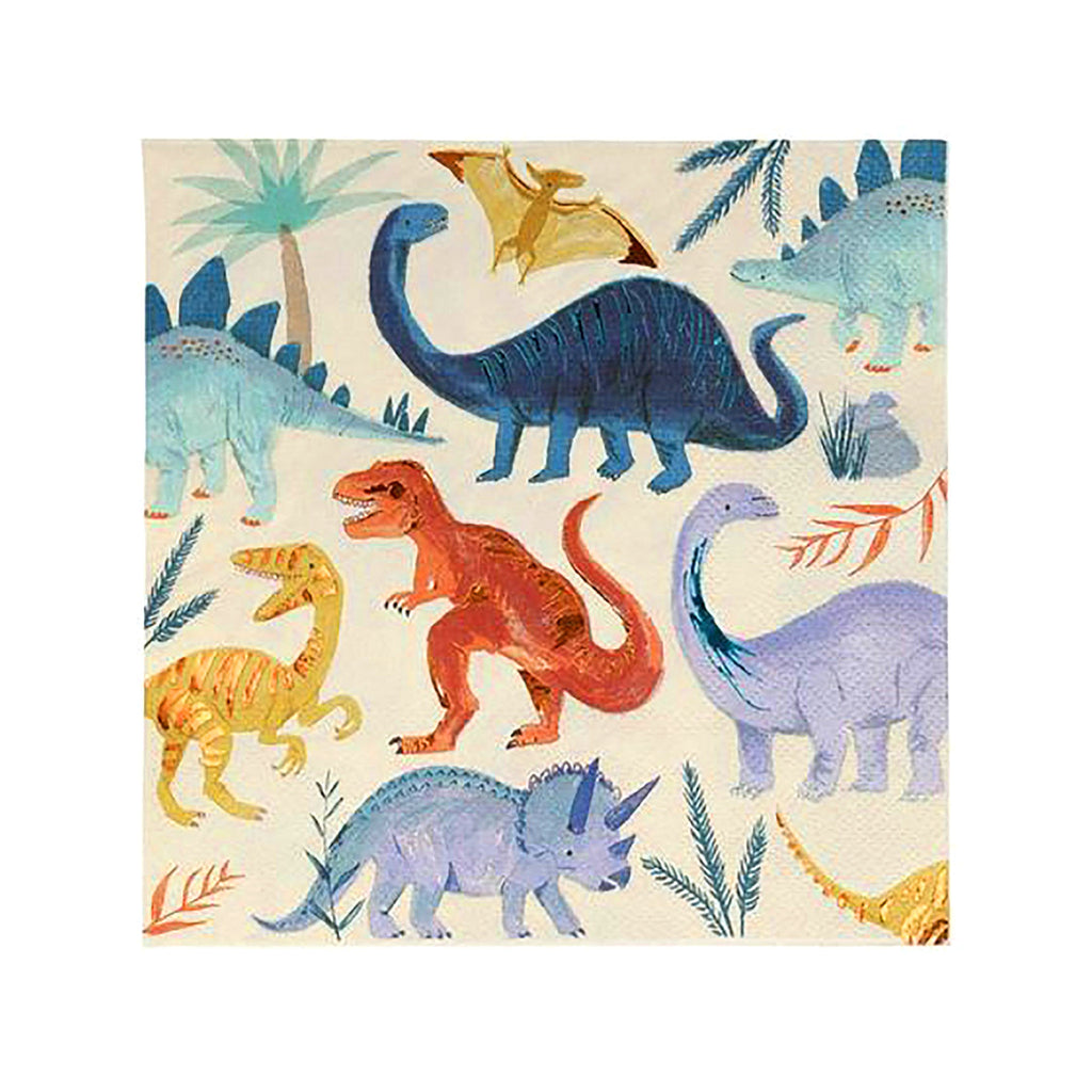 meri meri dinosaur kingdom large paper party napkins with green, blue, red and yellow dinosaurs and trees