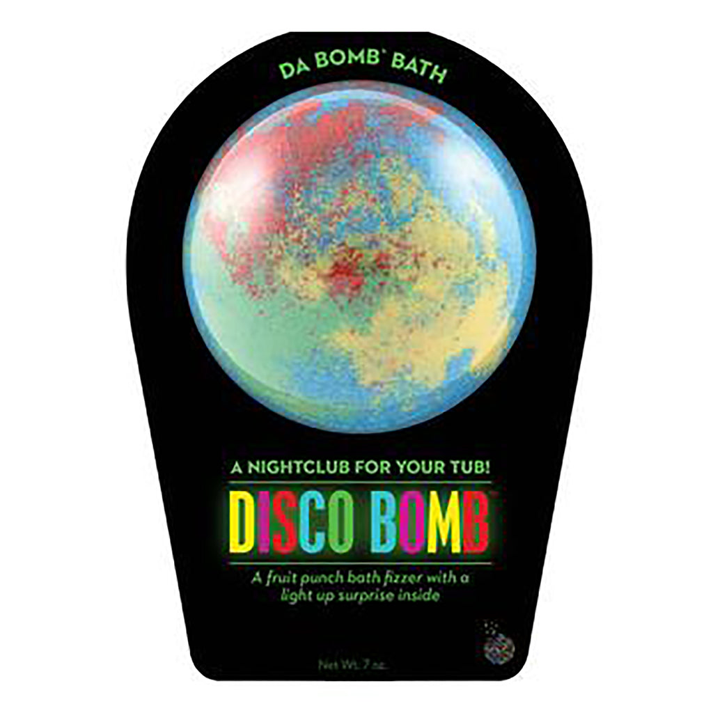 Da Bomb Disco Bomb, red, yellow, green and blue swirled bath fizzer with fruit punch scent and a light-up surprise inside, in black clamshell packaging, front view.