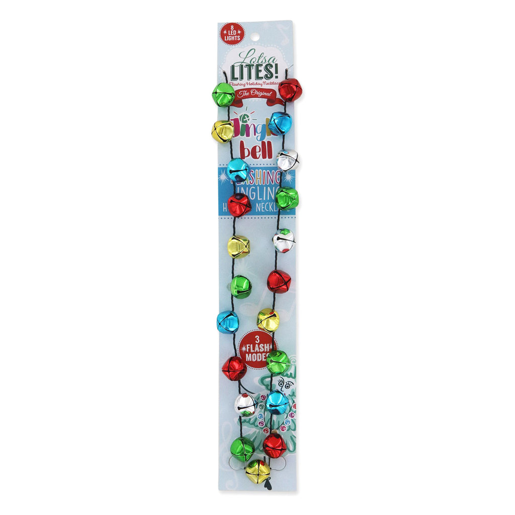 Lotsa lites light up flashing necklace with colorful jingle bells that ring on light blue card packaging.