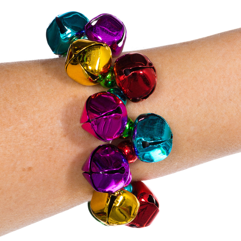 dm merchandising jingle bell jinglette festive stretch bracelet holiday christmas accessory in red, green, gold, purple, blue color way on wrist