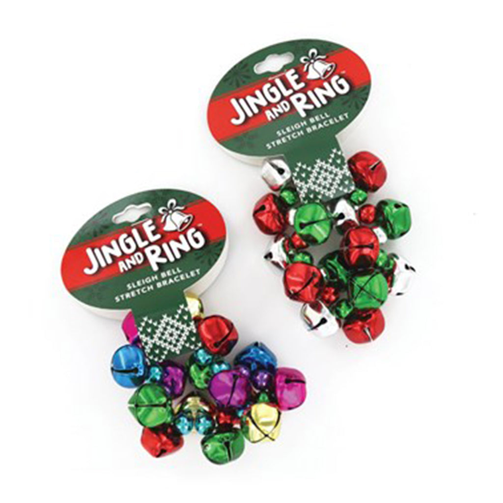 dm merchandising jingle and ring sleigh bell festive stretch bracelet holiday christmas accessory, 2 color ways, both in packaging