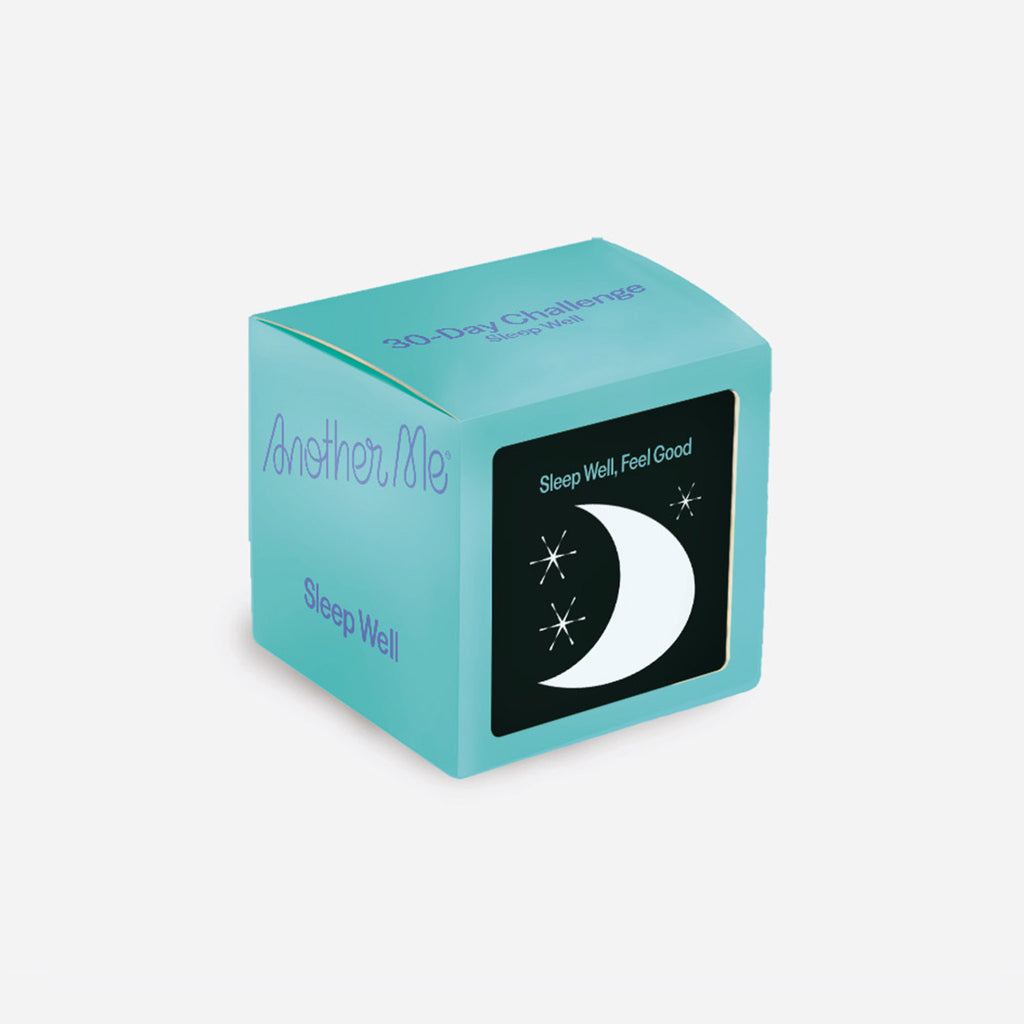 30 day sleep well challenge box with daily activity tickets inside. Box is aqua, front says "sleep well, feel good, pull down and start the challenge" with a half moon graphic.