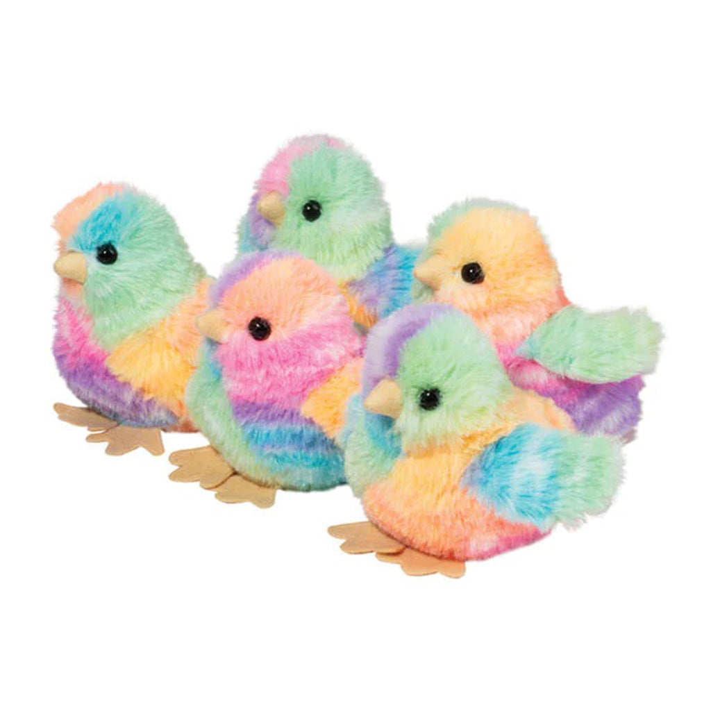 A group of 5 chick plush toys with rainbow colored fur in different patterns and yellow beaks and feet.