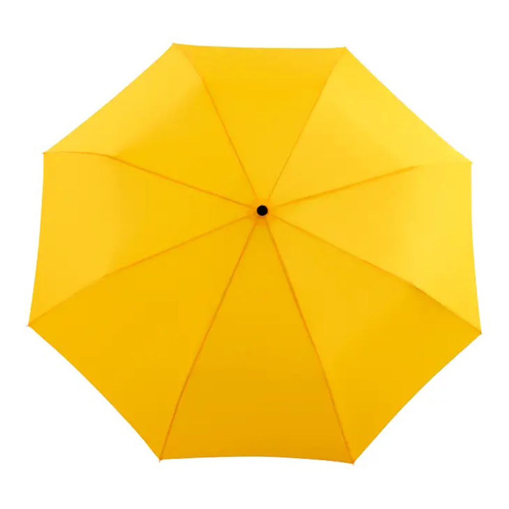 Original Duckhead compact, eco-friendly, wind resistant umbrella in bright yellow, overhead view of the open canopy.