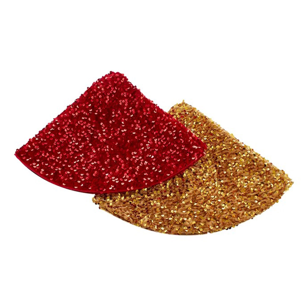 Kurt Adler 20 inch red sequin and gold sequin covered mini christmas tree skirts.