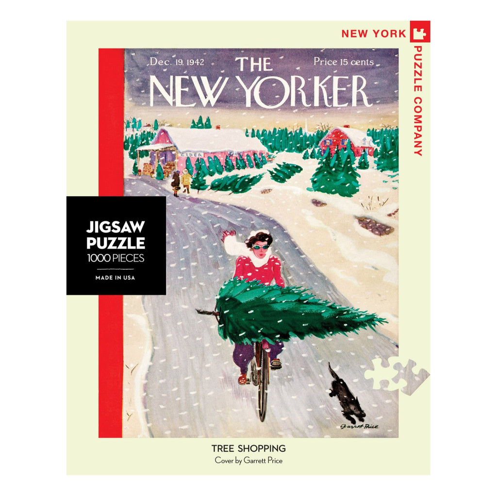 New York Puzzle Company 1000 piece Tree Shopping New Yorker cover holiday jigsaw puzzle with a woman riding a bike in the snow with a tree across her handlebars, box front view.