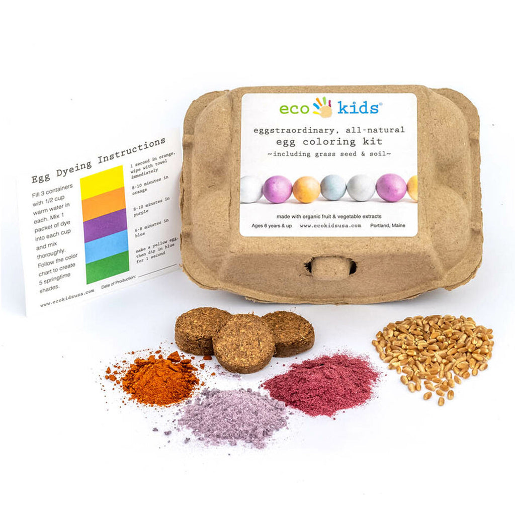 eco-kids eco friendly egg coloring and grass growing kit in egg carton packaging with contents