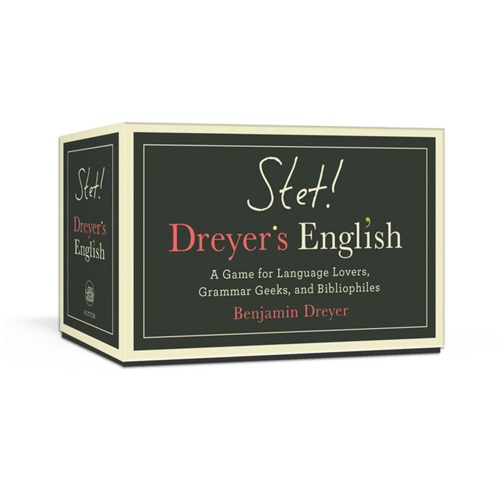 Penguin Random House Stet! Dreyer's English game for language lovers, grammar geeks and bibliophiles game in box packaging, front view.