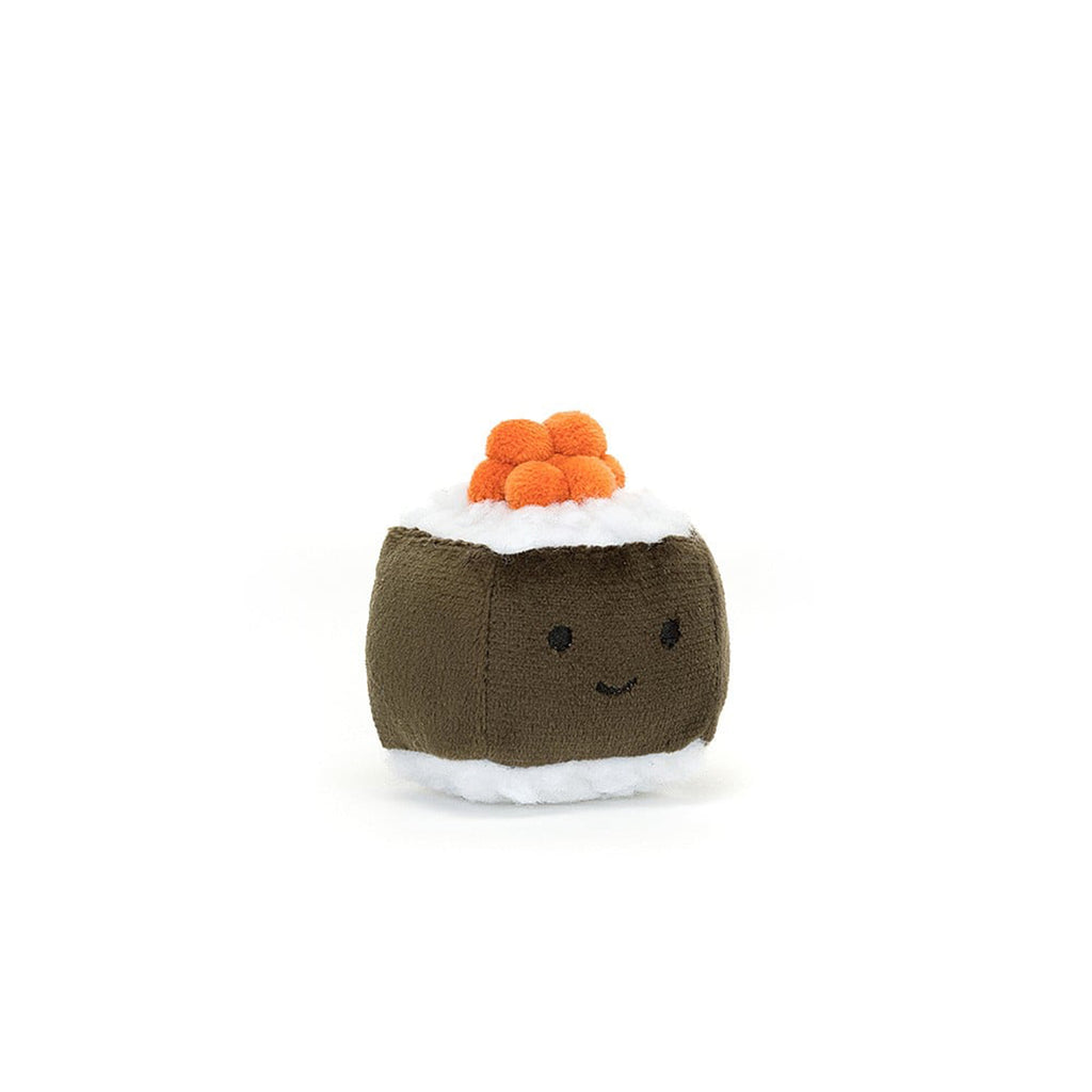 Jellycat Sassy Sushi Hsomaki plush toy with stitched eyes and smile on olive nori wrapper with fluffy "rice" and orange pom "roe", front view.