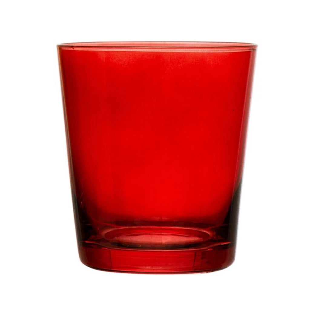 Creative Co-op 12 ounce low ball holiday drinking glass in red, side view.