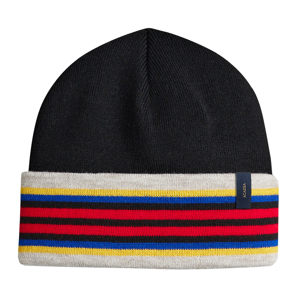 Pendleton Woolen Mills Acadia National Park Stripe Winter Knit Beanie Hat in black with oatmeal, yellow, blue, black and red stripes on turn-back brim.
