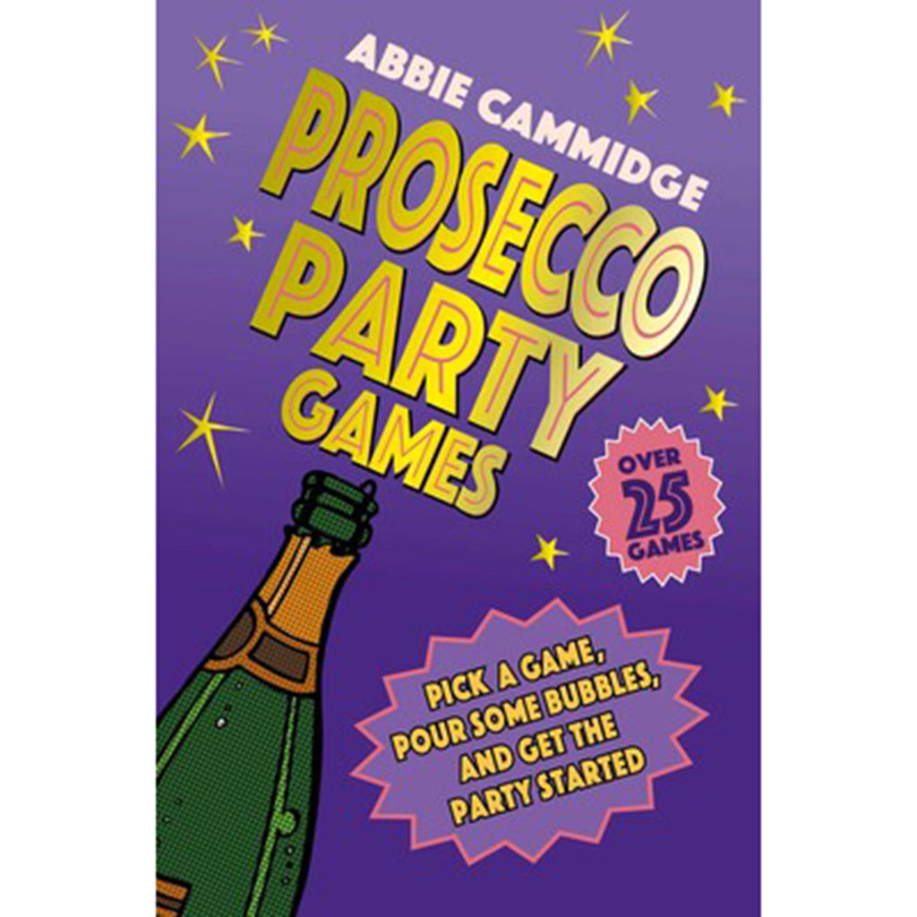 Prosecco Party Games by Abbie Cammidge, paperback book front cover with prosecco bottle illustration on a purple background.
