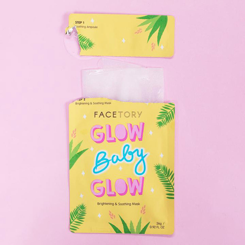 facetory glow baby glow brightening and soothing ampoule with sheet face mask packaging open