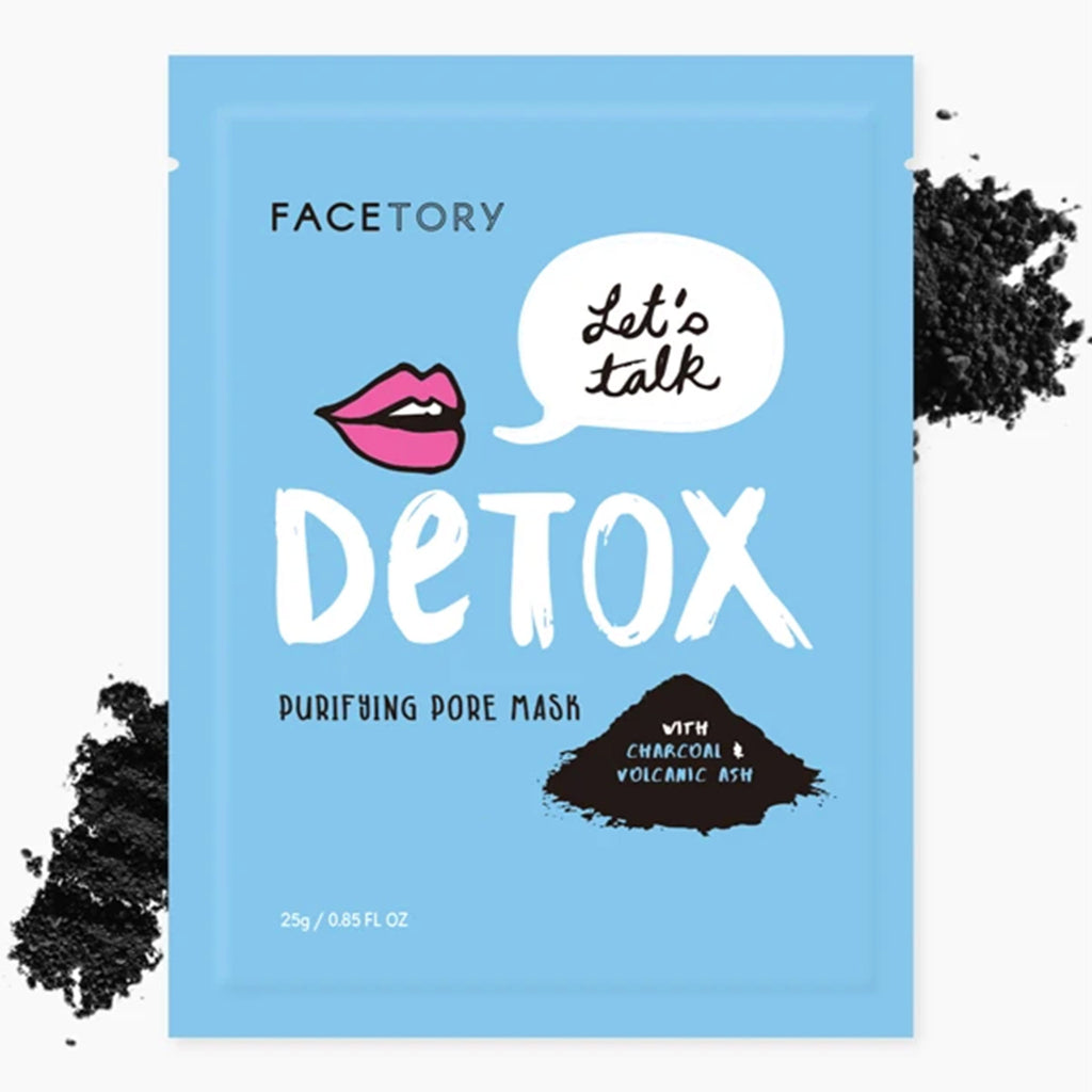 facetory lets talk detox purifying pore sheet face mask with charcoal and volcanic ash packaging with crumbled charcoal