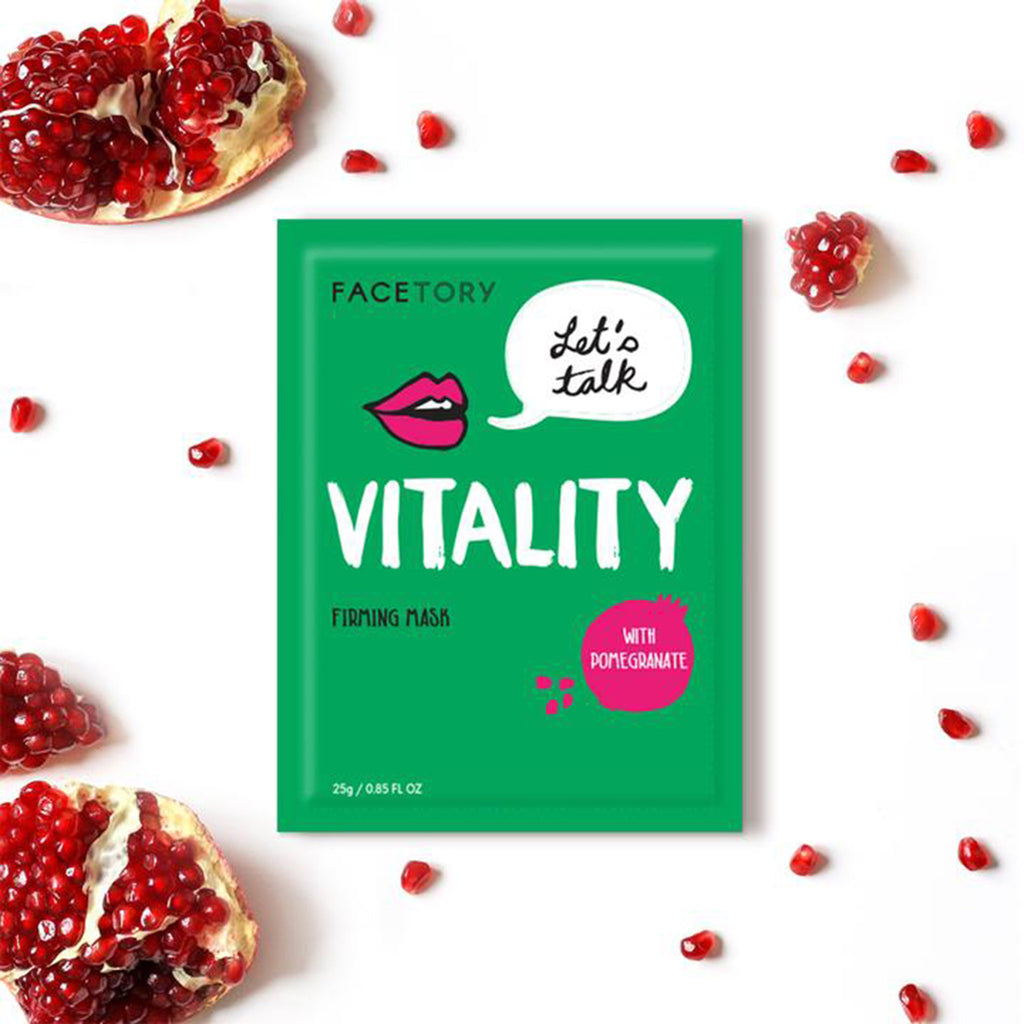 facetory lets talk vitality firming sheet face mask with pomegranate packaging with pomegranate seeds
