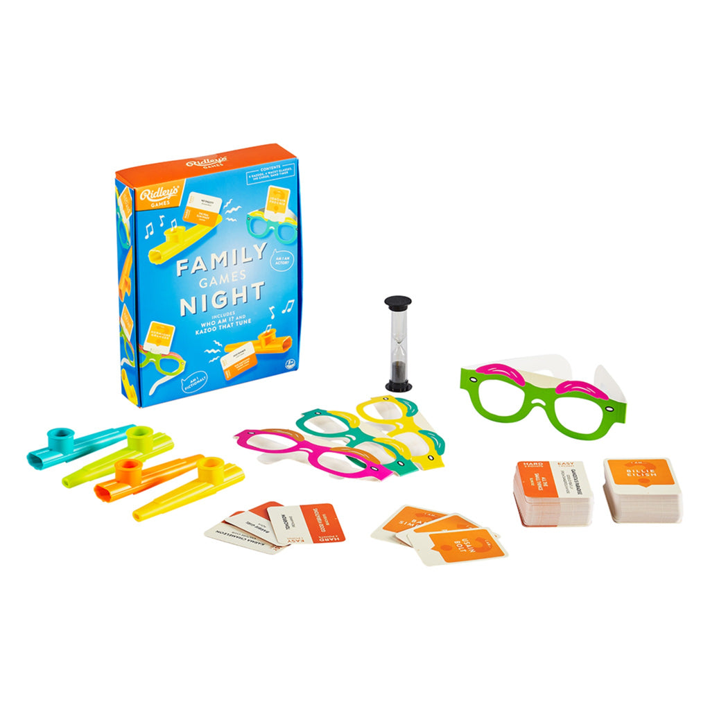 family games night set including four multicolored kazoos, paper glasses, game cards, and sand timer