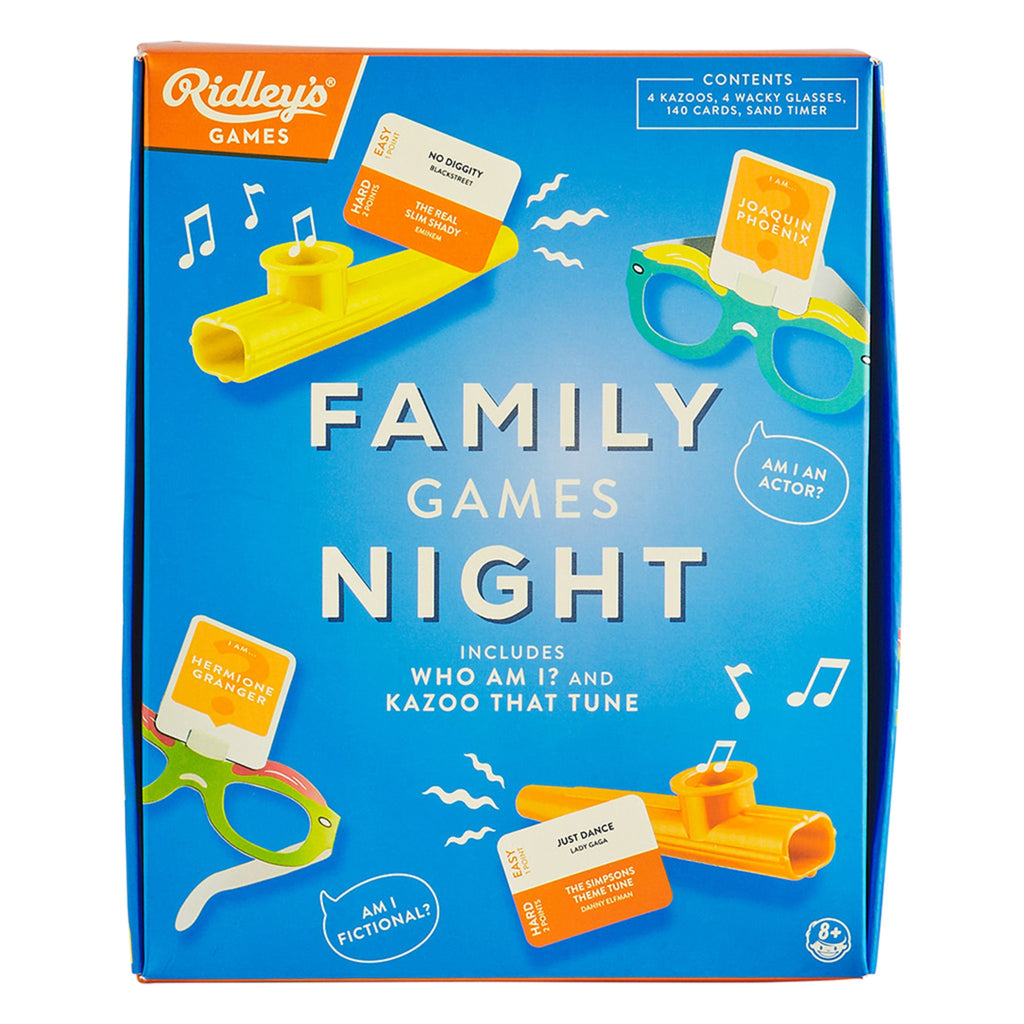 family games night set in blue box with kazoos and glasses