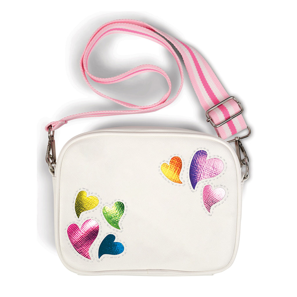 iScream Dancing Hearts Crossbody Bag with colorful metallic hearts on a white bag and pink and white striped crossbody strap.