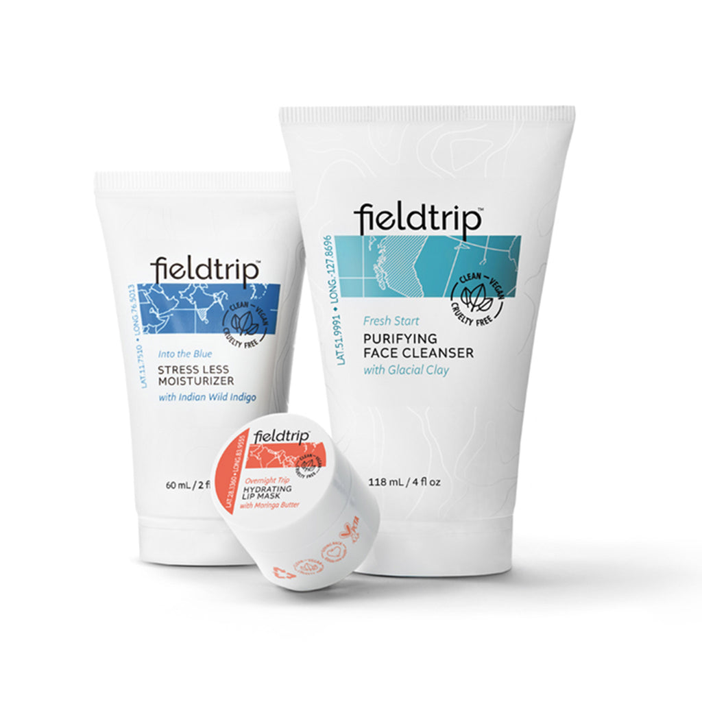 Fieldtrip Starter Kit with 4 oz Fresh Start Purifying Face Cleanser in tube, 2 oz Into the Blue Stress Less Face Moisturizer in tube and Overnight Trip Hydrating Lip Mask in container.