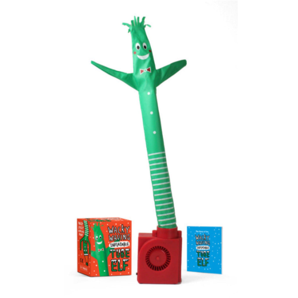 Hachette Running Press Wacky Waving Inflatable Tube Elf in green with red blower and red and green box packaging.