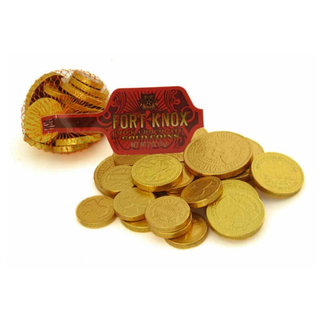 gold foil wrapped chocolate coins in a red mesh bag with red tag reading "Fort Knox"