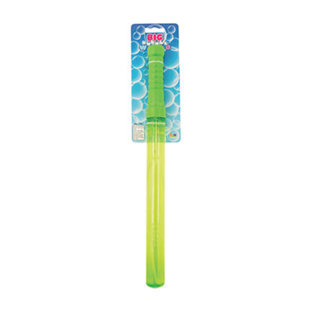 big green bubble blowing wand on blue card packaging